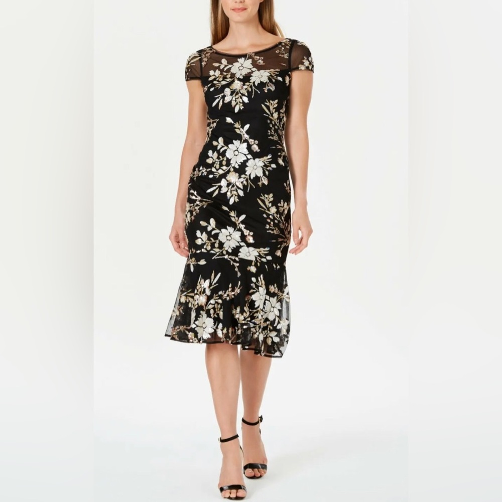 Calvin Klein Black Gold Floral Sequin Lace Cocktail Party Dress Midi Trumpet Hem